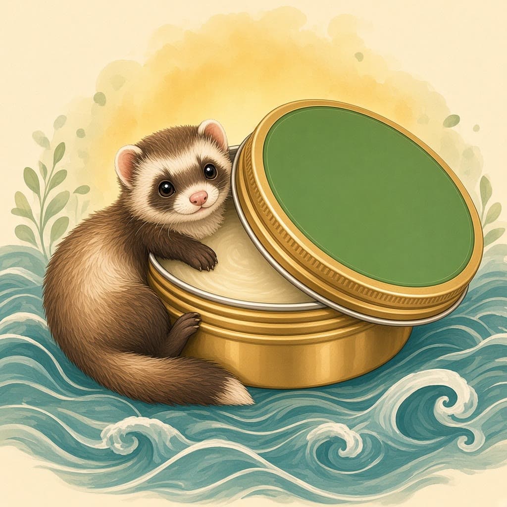 Beeswax + Olive Oil Lip Balm, gouache illustration with a sable ferret
