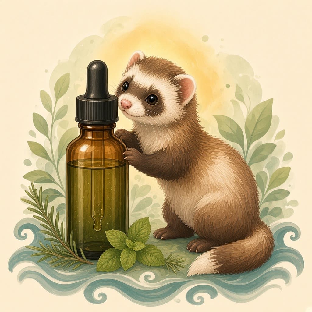 Coastal Herbal Tincture, gouache illustration with a sable ferret